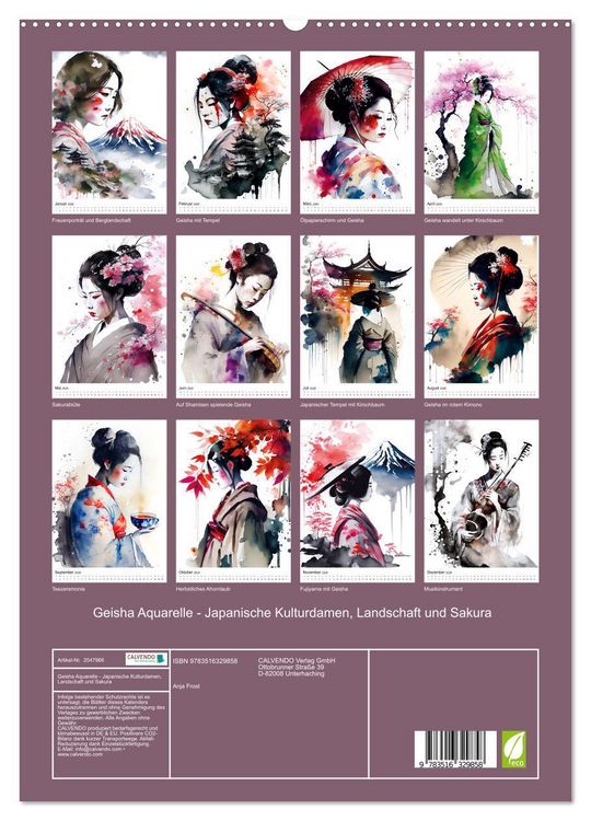 Produktbild: Geisha Aquarelle - Japanische Kulturdamen, Landschaft und Sakura (hochwertiger Premium Wandkalender 2026 DIN A2 hoch), Kunstdruck in Hochglanz