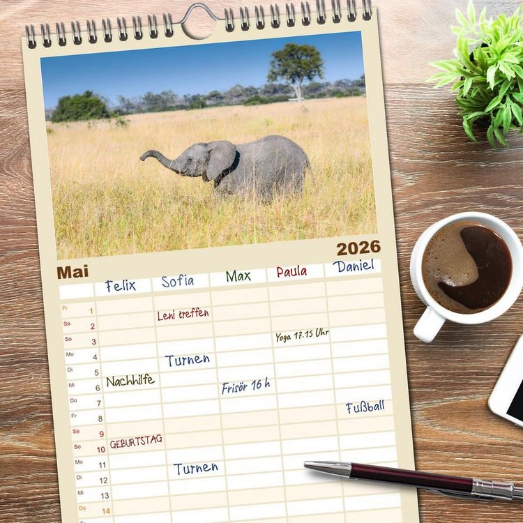 Produktbild: Familienplaner 2026 - Babyelefanten mit 5 Spalten (Wandkalender, 21 x 45 cm) CALVENDO