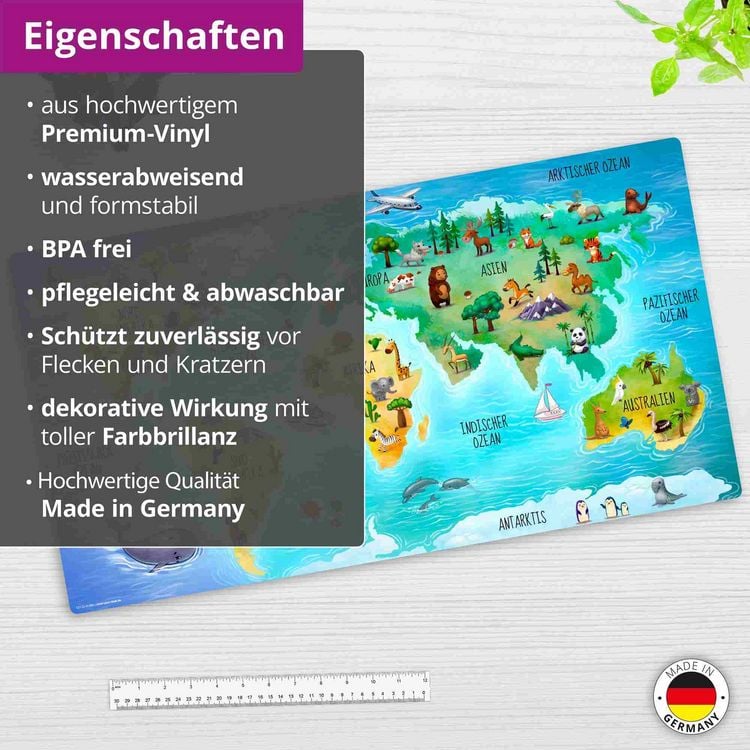 Produktbild: Cover-your-desk Schreibtischunterlage f&uuml;r Kinder und Erwachsene Weltkarte in deutsch mit vielen Tieren, aus hochwertigem Vinyl , 74 x 40 cm