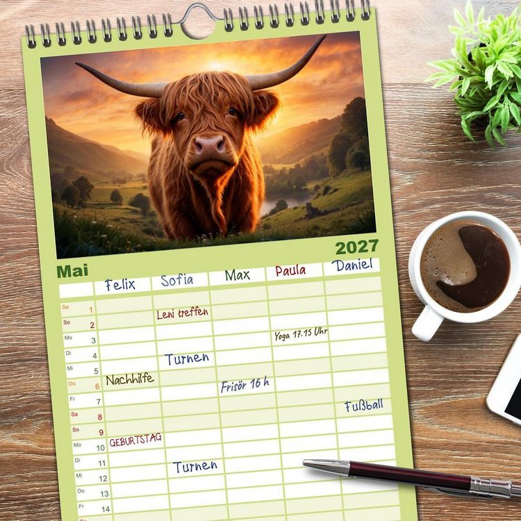 Produktbild: Familienplaner 2027 - Highland K&uuml;he mit 5 Spalten (Wandkalender, 21 x 45 cm) CALVENDO