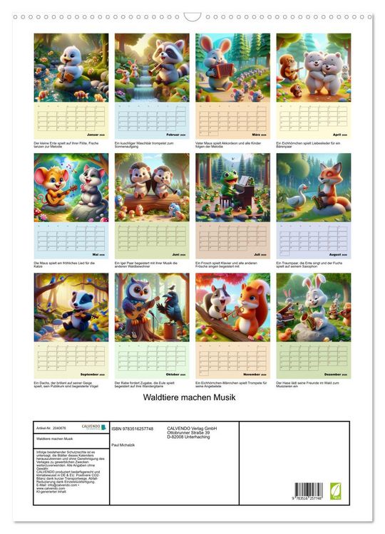 Produktbild: Waldtiere machen Musik (Wandkalender 2026 DIN A2 hoch), CALVENDO Monatskalender