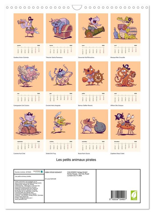 Produktbild: Les petits animaux pirates (Calendrier mural 2026 DIN A3 horizontal), CALVENDO calendrier mensuel