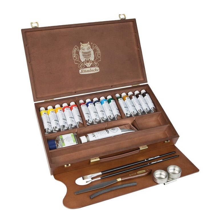 Produktbild: Schmincke Norma Professional &Ouml;lfarben, Holzkasten, 15 x 35 ml + Weiss 120 ml + Zubeh&ouml;r
