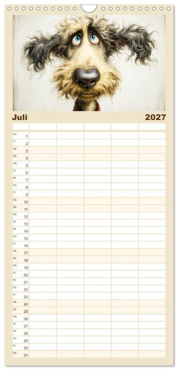 Produktbild: Familienplaner 2027 - Karikatur trifft Hund. Ein Blick auf charmante Vierbeiner mit 5 Spalten (Wandkalender, 21 x 45 cm) CALVENDO