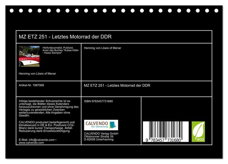 Produktbild: MZ ETZ 251 - Letztes Motorrad der DDR (Tischkalender 2026 DIN A5 quer), CALVENDO Monatskalender