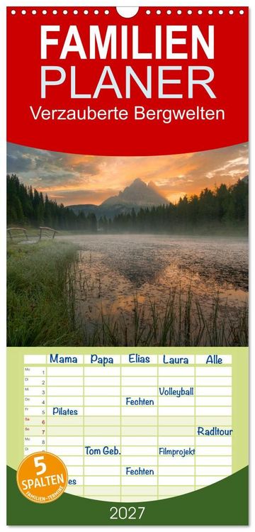 Produktbild: Familienplaner 2027 - Verzauberte Bergwelten mit 5 Spalten (Wandkalender, 21 x 45 cm) CALVENDO