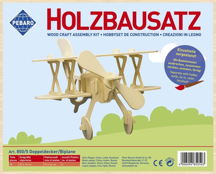 Produktbild: PEBARO 850/5 - Holzbausatz Doppeldecker, 18 Teile, Holzkonstruktion zum Zusammenstecken