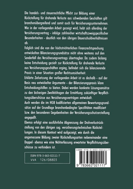 Produktbild: R&uuml;ckstellungen f&uuml;r drohende Verluste aus schwebenden Gesch&auml;ften in den Bilanzen von Versicherungsunternehmen