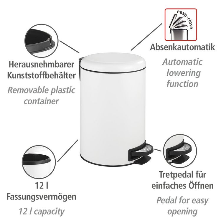 Produktbild: Treteimer Mod. Leman Easy Close Wei&szlig; 12 L, mit herausnehmbarem Einsatz
