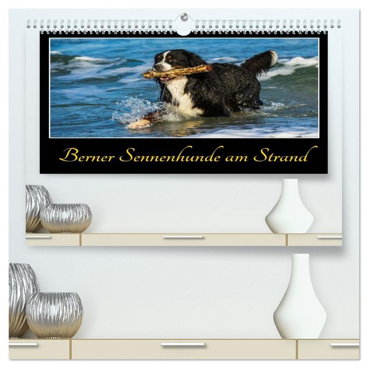 Produktbild: Berner Sennenhunde am Strand (hochwertiger Premium Wandkalender 2026 DIN A2 quer), Kunstdruck in Hochglanz