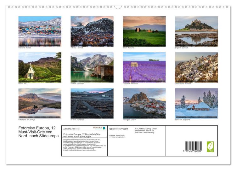 Produktbild: Fotoreise Europa, 12 Must-Visit-Orte von Nord- nach S&uuml;deuropa (hochwertiger Premium Wandkalender 2026 DIN A2 quer), Kunstdruck in Hochglanz