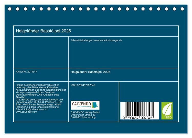 Produktbild: Helgol&auml;nder Basst&ouml;lpel 2026 (Tischkalender 2026 DIN A5 quer), CALVENDO Monatskalender