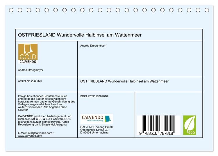 Produktbild: OSTFRIESLAND Wundervolle Halbinsel am Wattenmeer (Tischkalender 2027 DIN A5 quer), CALVENDO Monatskalender