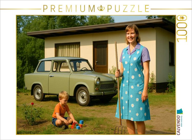 Produktbild: CALVENDO Puzzle Das kleine Gl&uuml;ck mit Datsche und Kittelsch&uuml;rze und Trabant 601 | 1000 Teile Lege-Gr&ouml;&szlig;e 64x48cm Foto-Puzzle f&uuml;r gl&uuml;ckliche Stunden