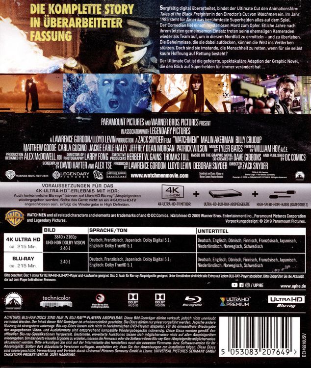 Produktbild: Watchmen - Die W&auml;chter - The Ultimate Cut (4K Ultra HD) (+ Blu-ray 2D)
