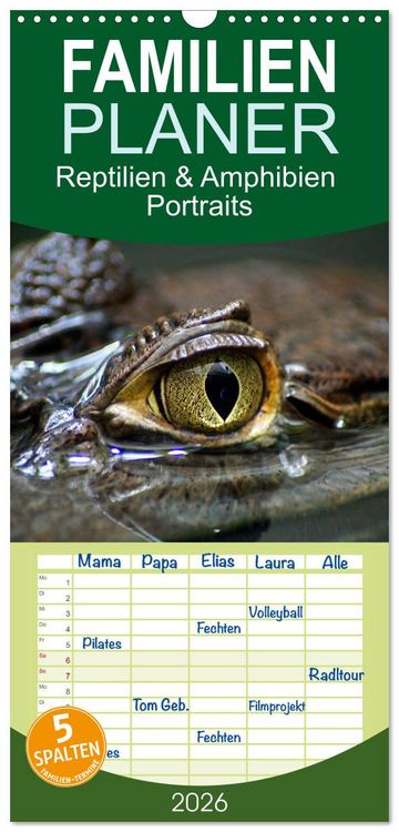 Produktbild: Familienplaner 2026 - Reptilien & Amphibien Portraits mit 5 Spalten (Wandkalender, 21 x 45 cm) CALVENDO