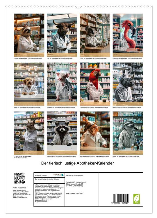 Produktbild: Der tierisch lustige Apotheker-Kalender (hochwertiger Premium Wandkalender 2026 DIN A2 hoch), Kunstdruck in Hochglanz