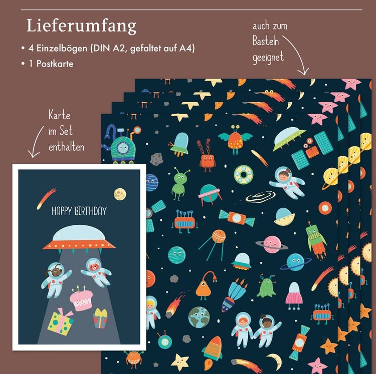 Produktbild: Geschenkpapier-Set f&uuml;r Kinder: Weltall (Astronauten/ Raketen/ Weltraum)