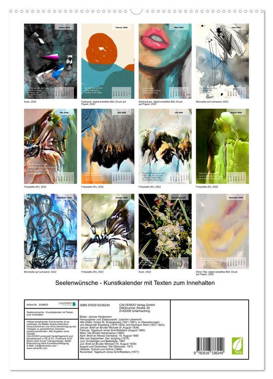 Produktbild: Seelenw&uuml;nsche - Kunstkalender mit Texten zum Innehalten (hochwertiger Premium Wandkalender 2026 DIN A2 hoch), Kunstdruck in Hochglanz