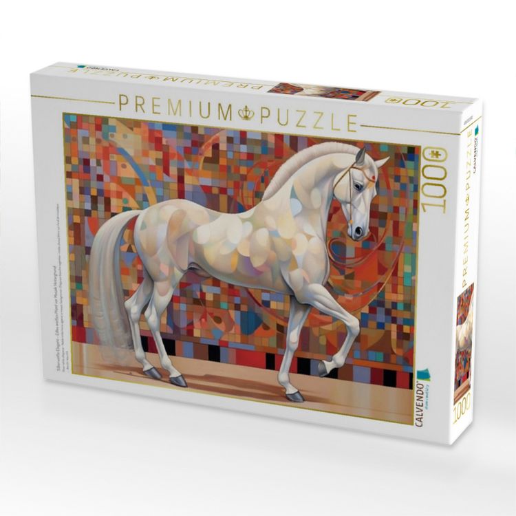 Produktbild: CALVENDO Puzzle Silberwei&szlig;e Eleganz - Edles wei&szlig;es Pferd vor Mosaik Hintergrund | 1000 Teile Lege-Gr&ouml;&szlig;e 64x48cm Foto-Puzzle f&uuml;r gl&uuml;ckliche Stunden
