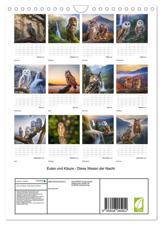 Produktbild: Eulen und K&auml;uze - Diese Wesen der Nacht (Wandkalender 2026 DIN A4 hoch), CALVENDO Monatskalender