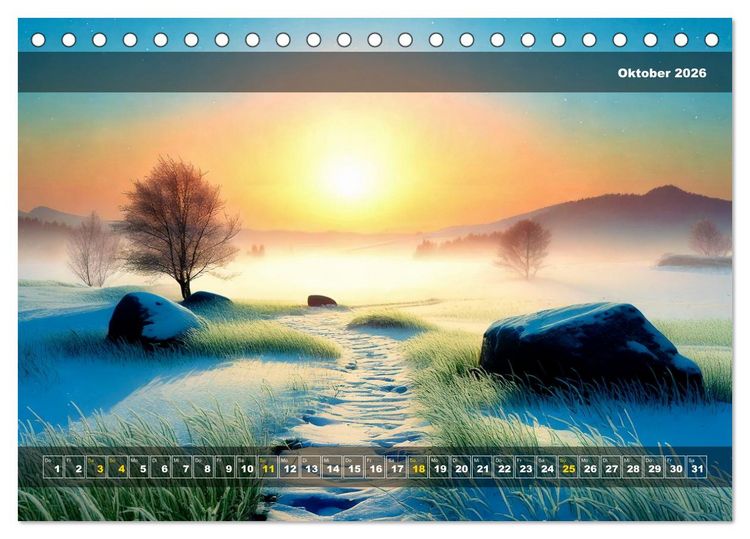 Produktbild: Verschneite Landschaft unter einer fahlen Wintersonne (Tischkalender 2026 DIN A5 quer), CALVENDO Monatskalender