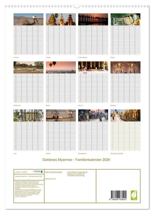 Produktbild: Goldenes Myanmar - Familienkalender 2026 (hochwertiger Premium Wandkalender 2026 DIN A2 hoch), Kunstdruck in Hochglanz