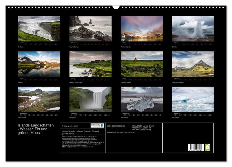 Produktbild: Islands Landschaften - Wasser, Eis und gr&uuml;nes Moos (Wandkalender 2026 DIN A2 quer), CALVENDO Monatskalender