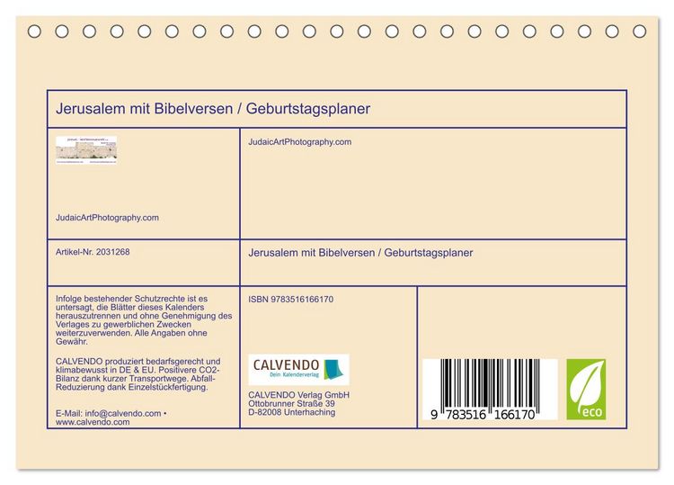 Produktbild: Jerusalem mit Bibelversen / Geburtstagsplaner (Tischkalender 2026 DIN A5 quer), CALVENDO Monatskalender