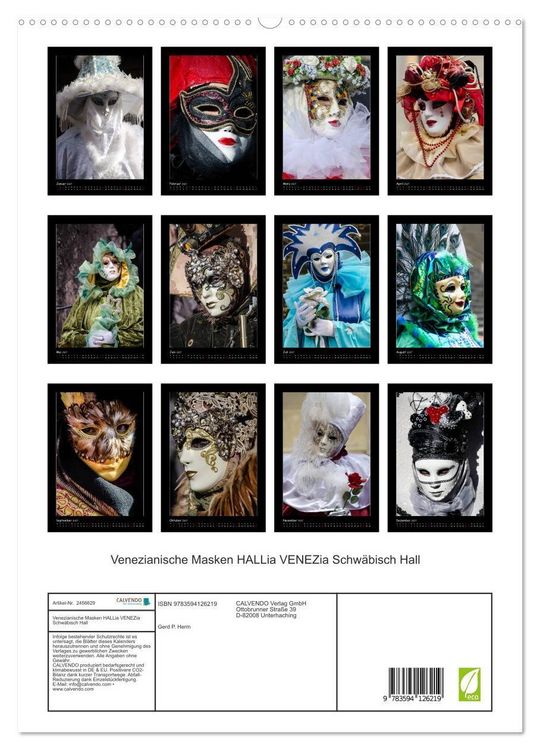 Produktbild: Venezianische Masken HALLia VENEZia Schw&auml;bisch Hall (hochwertiger Premium Wandkalender 2027 DIN A2 hoch), Kunstdruck in Hochglanz