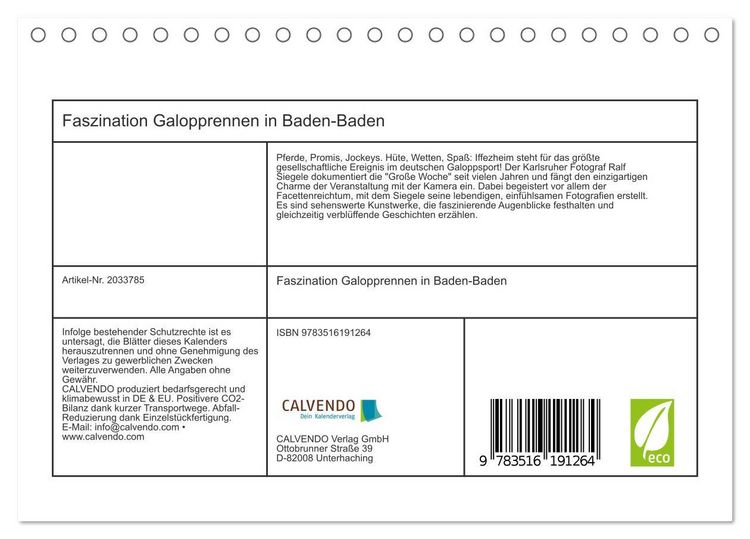 Produktbild: Faszination Galopprennen in Baden-Baden (Tischkalender 2026 DIN A5 quer), CALVENDO Monatskalender