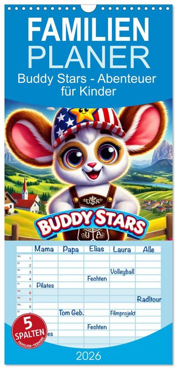 Produktbild: Familienplaner 2026 - Buddy Stars - Abenteuer f&uuml;r Kinder mit 5 Spalten (Wandkalender, 21 x 45 cm) CALVENDO