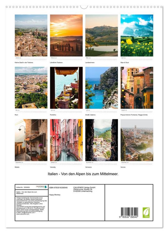 Produktbild: Italien - Von den Alpen bis zum Mittelmeer. (hochwertiger Premium Wandkalender 2026 DIN A2 hoch), Kunstdruck in Hochglanz