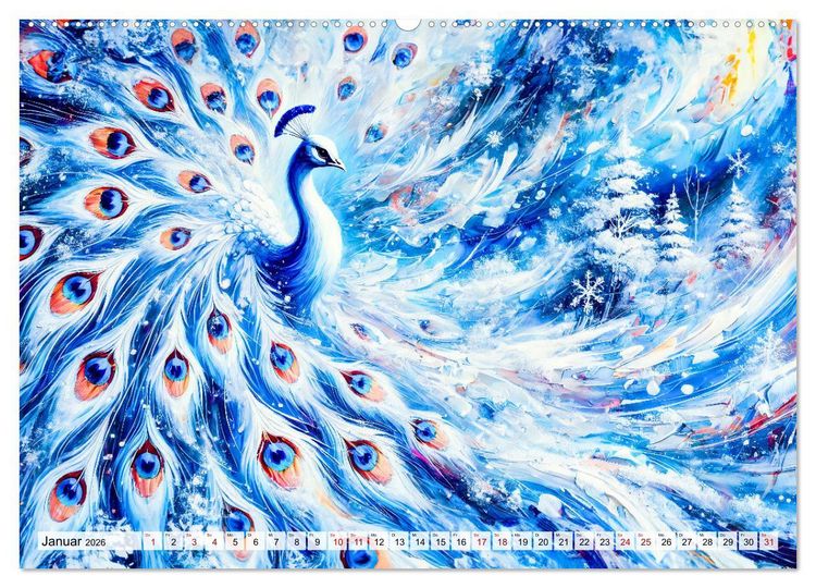 Produktbild: Tanz der Pfauen - Jahreszeiten in abstrakter Eleganz (Wandkalender 2026 DIN A2 quer), CALVENDO Monatskalender