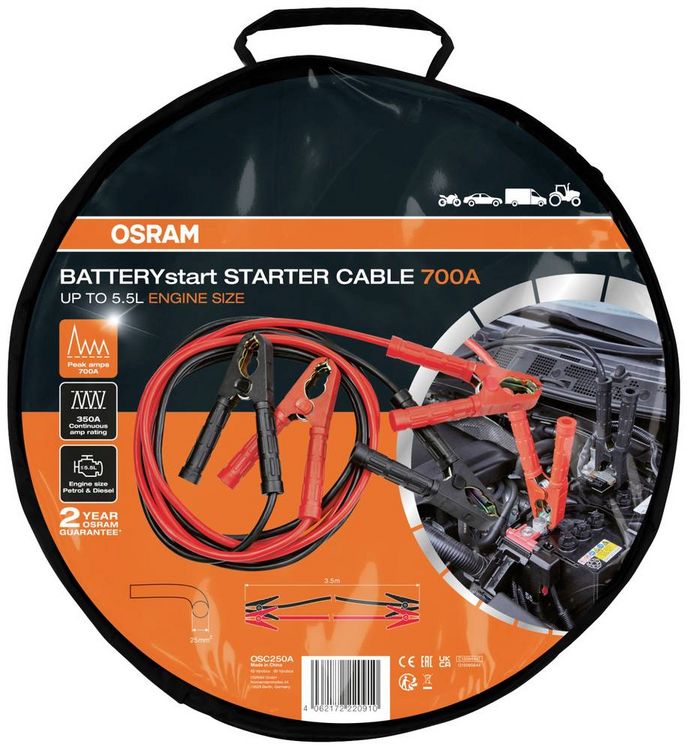 Produktbild: Osram Automotive BATTERYstart STARTER CABLE 250A Starthilfekabel 25 mm&sup2; Aluminium (kupferbeschichtet) 3.5 m mit Kunststoffzangen