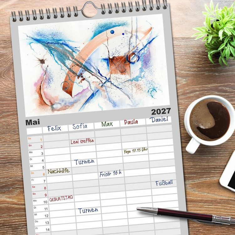 Produktbild: Familienplaner 2027 - Abstrakte Aquarelle mit 5 Spalten (Wandkalender, 21 x 45 cm) CALVENDO