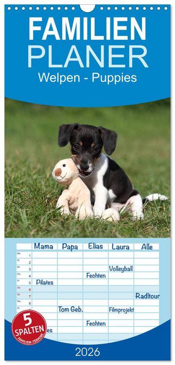 Produktbild: Familienplaner 2026 - Welpen - Puppies mit 5 Spalten (Wandkalender, 21 x 45 cm) CALVENDO