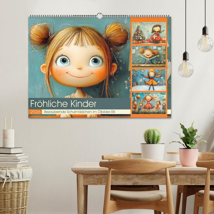 Produktbild: Fr&ouml;hliche Kinder. Bezaubernde Schulm&auml;dchen im &Ouml;lbilder-Stil (Wandkalender 2026 DIN A2 quer), CALVENDO Monatskalender