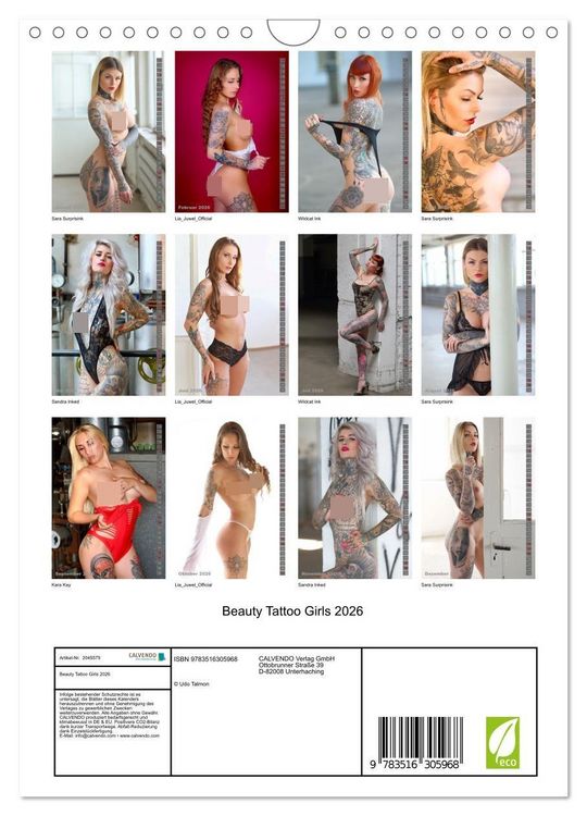 Produktbild: Beauty Tattoo Girls 2026 (Wandkalender 2026 DIN A4 hoch), CALVENDO Monatskalender