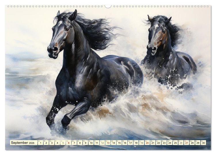 Produktbild: Pferde. Romantische Aquarelle von schwarzen Sch&ouml;nheiten (hochwertiger Premium Wandkalender 2026 DIN A2 quer), Kunstdruck in Hochglanz