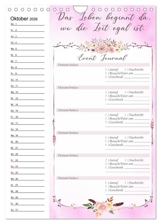 Produktbild: Geburtstagsplaner Boho Rosa - F&uuml;r Termine, Geschenke, Eventdetails & mehr (Wandkalender 2026 DIN A4 hoch), CALVENDO Monatskalender
