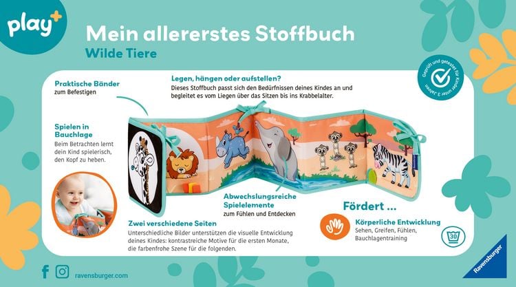 Produktbild: Play+ Mein allererstes Stoffbuch (f&uuml;r die Bauchlage): Wilde Tiere (Leporello) - ab 0 Monate