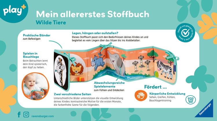 Produktbild: Ravensburger 4856 - play+ Mein allererstes Stoffbuch, für die Bauchlage: Wilde Tiere (Leporello)