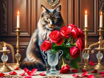 Produktbild: CALVENDO Puzzle Katze hinter Rosenstrau&szlig; mit Kerzen auf Gr&uuml;nderzeit-Tisch | 1000 Teile Lege-Gr&ouml;&szlig;e 64x48cm Foto-Puzzle f&uuml;r gl&uuml;ckliche Stunden