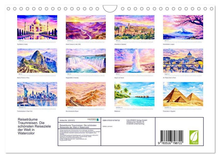 Produktbild: Reisetr&auml;ume Traumreisen. Die sch&ouml;nsten Reiseziele der Welt in Watercolor (Wandkalender 2027 DIN A4 quer), CALVENDO Monatskalender