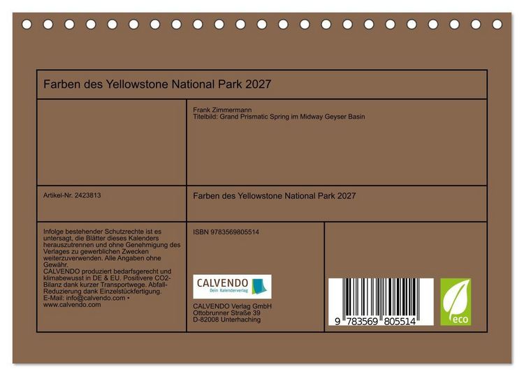 Produktbild: Farben des Yellowstone National Park 2027 (Tischkalender 2027 DIN A5 quer), CALVENDO Monatskalender