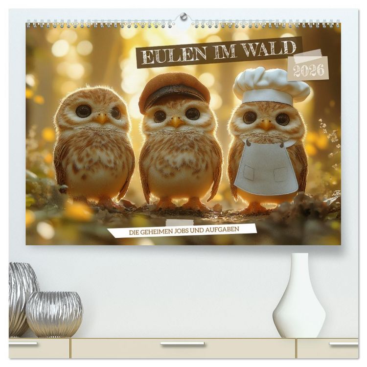 Produktbild: Eulen im Wald - Die geheimen Jobs und Aufgaben (hochwertiger Premium Wandkalender 2026 DIN A2 quer), Kunstdruck in Hochglanz