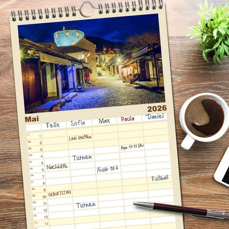 Produktbild: Familienplaner 2026 - Die Altstadt von Mostar mit 5 Spalten (Wandkalender, 21 x 45 cm) CALVENDO