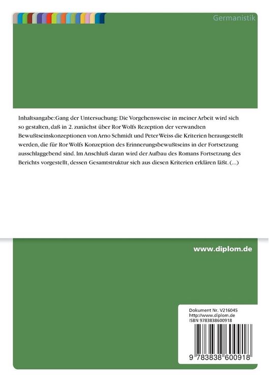 Produktbild: Die Rolle der Erinnerung in Ror Wolfs "Fortsetzung des Berichts"
