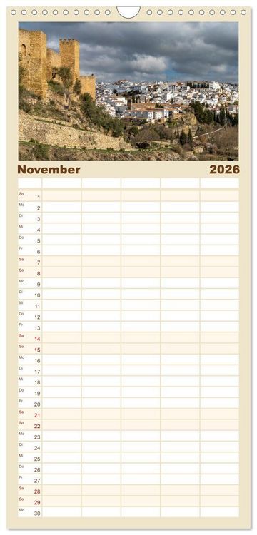 Produktbild: Familienplaner 2026 - Andalusiens weisse D&ouml;rfer mit 5 Spalten (Wandkalender, 21 x 45 cm) CALVENDO